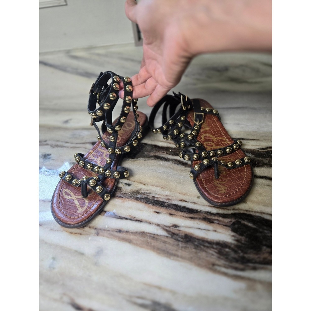 Sam Edelman Favian Studded Gladiator Sandals Black Gold Leather Womens 6 Roman